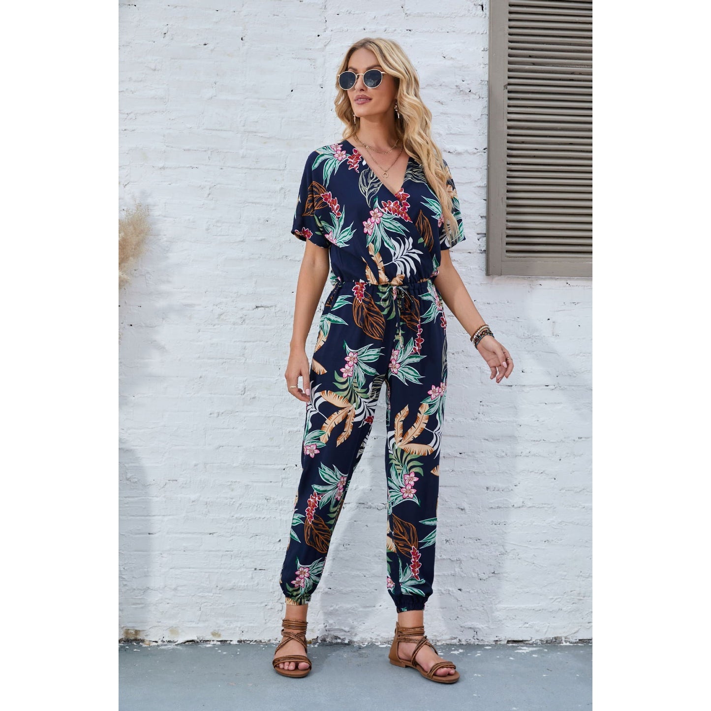 IvyShape | Belted Elastic Waist Printed Short Sleeve Jumpsuit