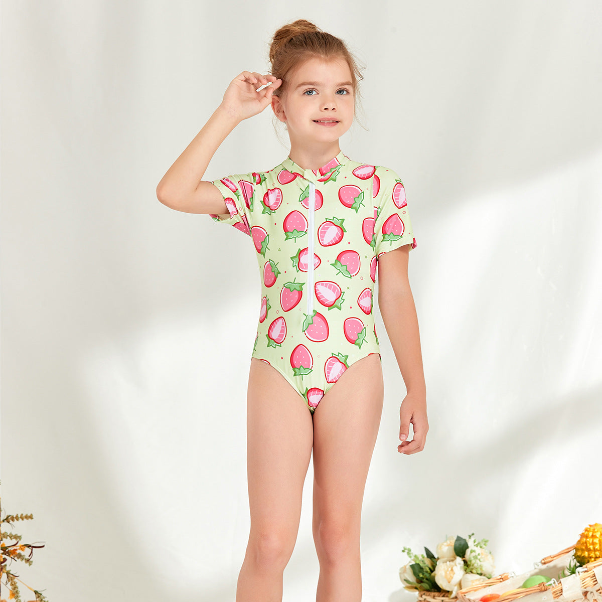 Women's UV Protection Swimwear with Fruity Design and Short Sleeve Ivyshape