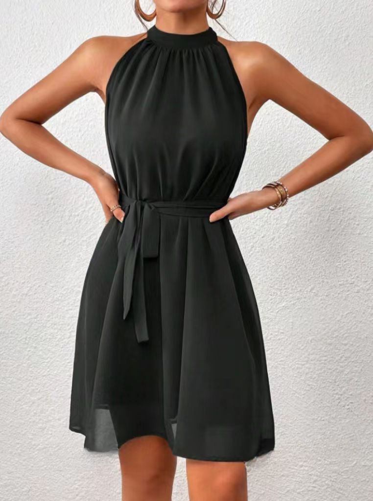 Women's short dress with high-neck collar and belt Ivyshape