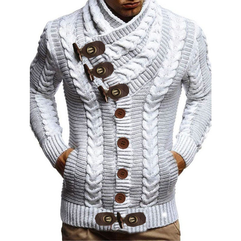 Men's chunky knit cardigan with creative shawl collar and button details Ivyshape