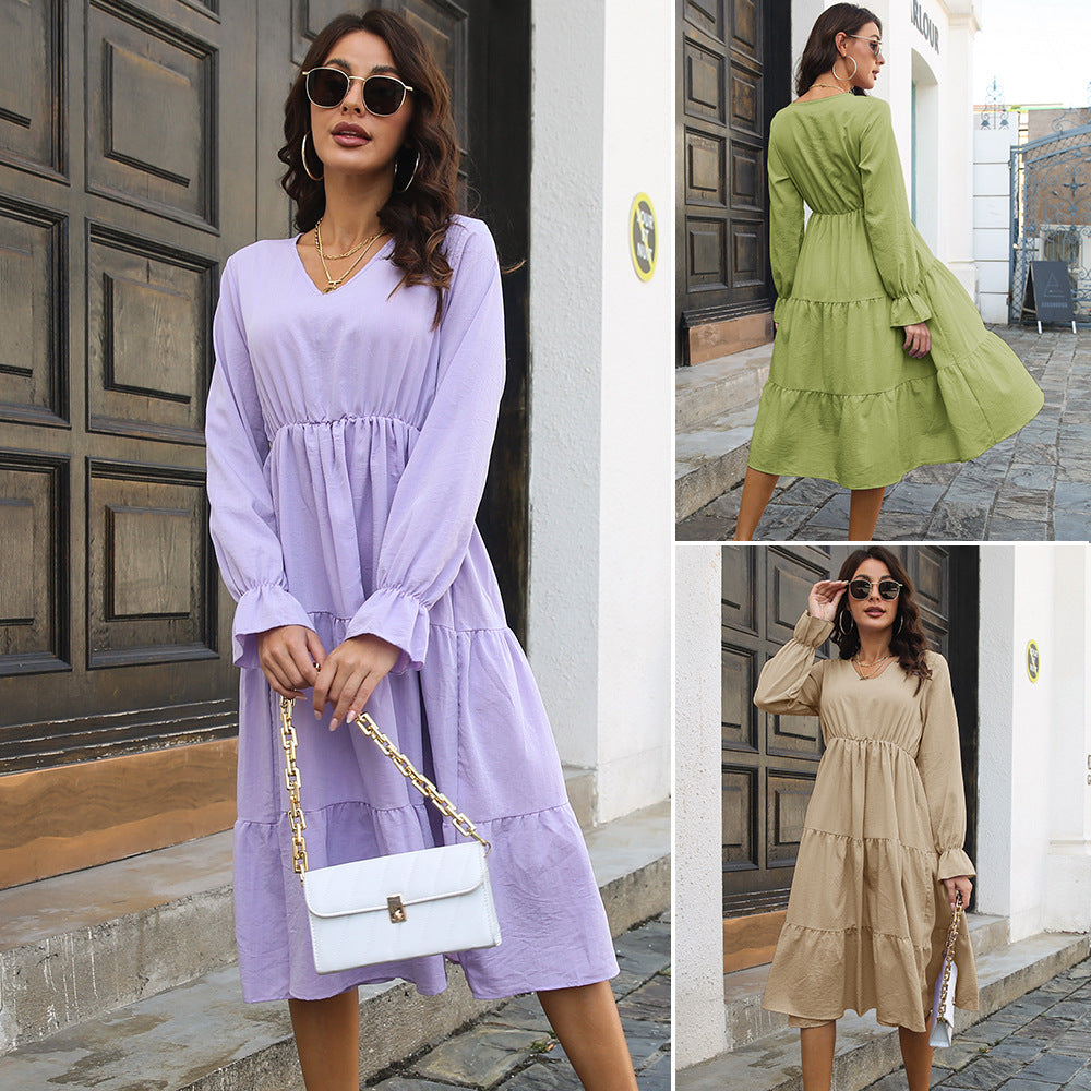 Ladies' midi dress with ruffles and long sleeves Ivyshape