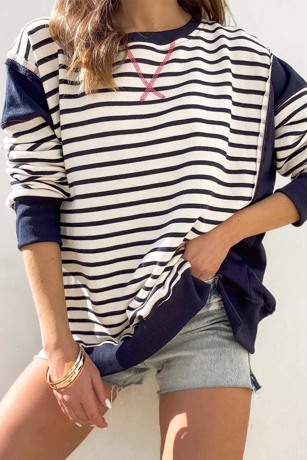 IvyShape | Striped Contrast Neck Sweatshirt Long Sleeve T-Shirt