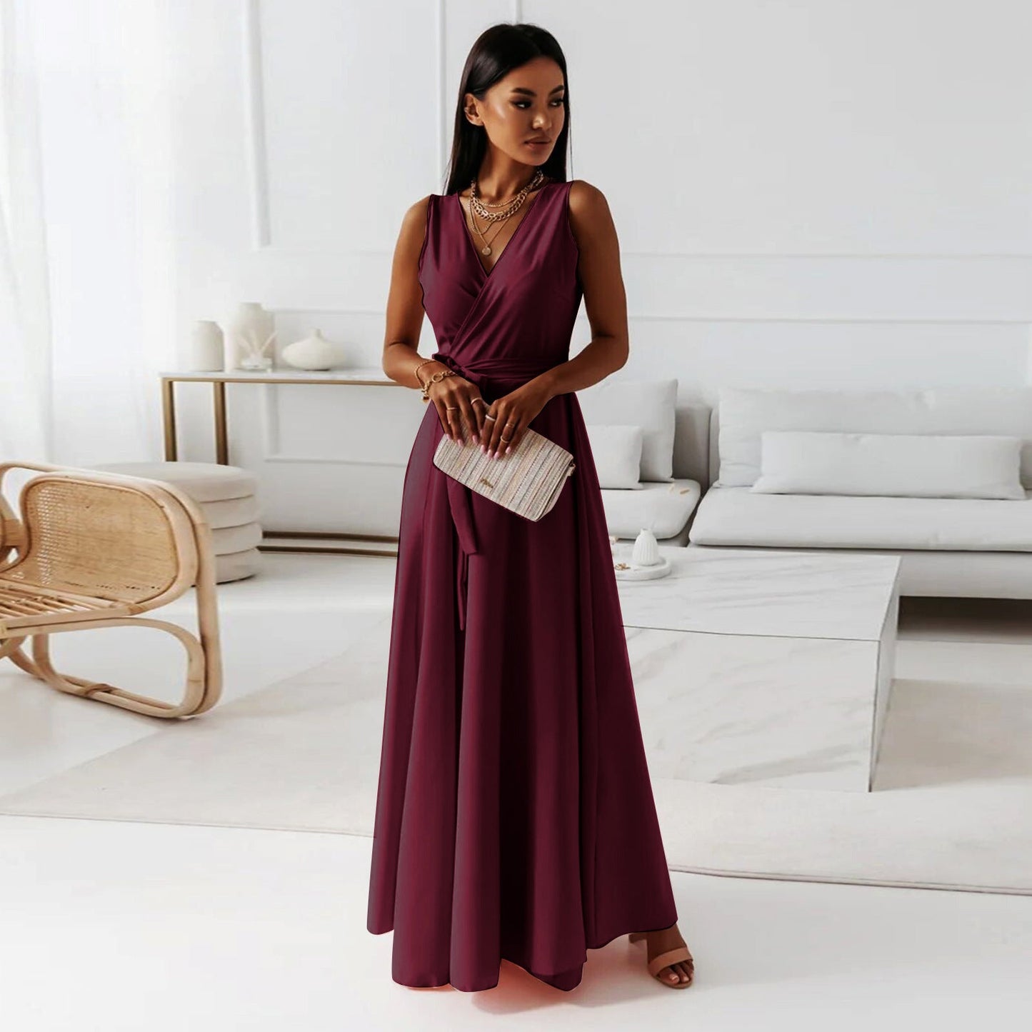 IvyShape | Comfortable Solid Color V Neck Evening Long Dress