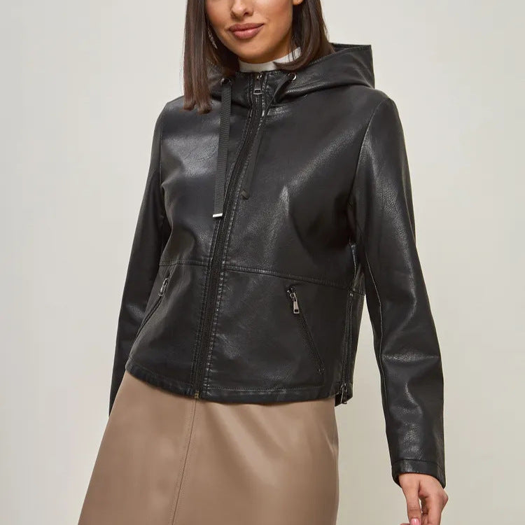 Women's fashionable faux leather jacket with hood and zip pockets Ivyshape