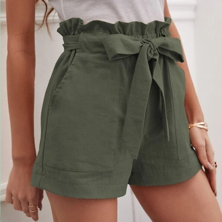 Women's elegant linen shorts with tie belt and wide waistband Ivyshape