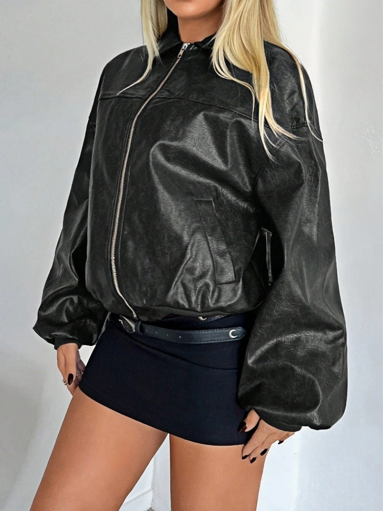 Women Faux Leather Bomber Jacket Ivyshape