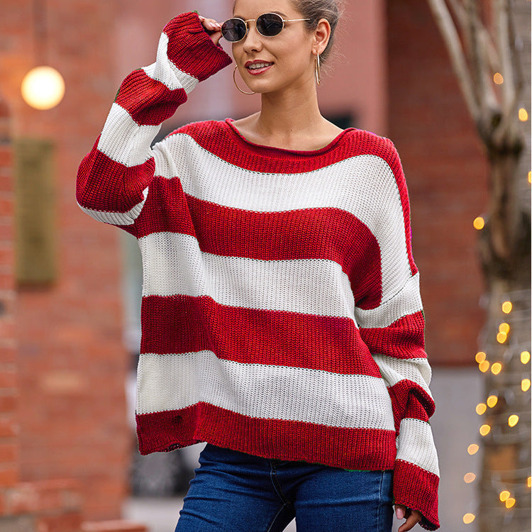 IvyShape | Rolled Edge Round Neck Striped Color Block Sweater