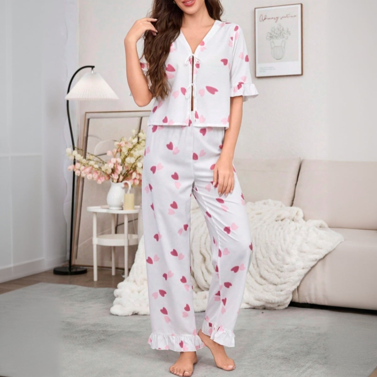 IvyShape | Heart Print Tie Band Long Pants Pajamas