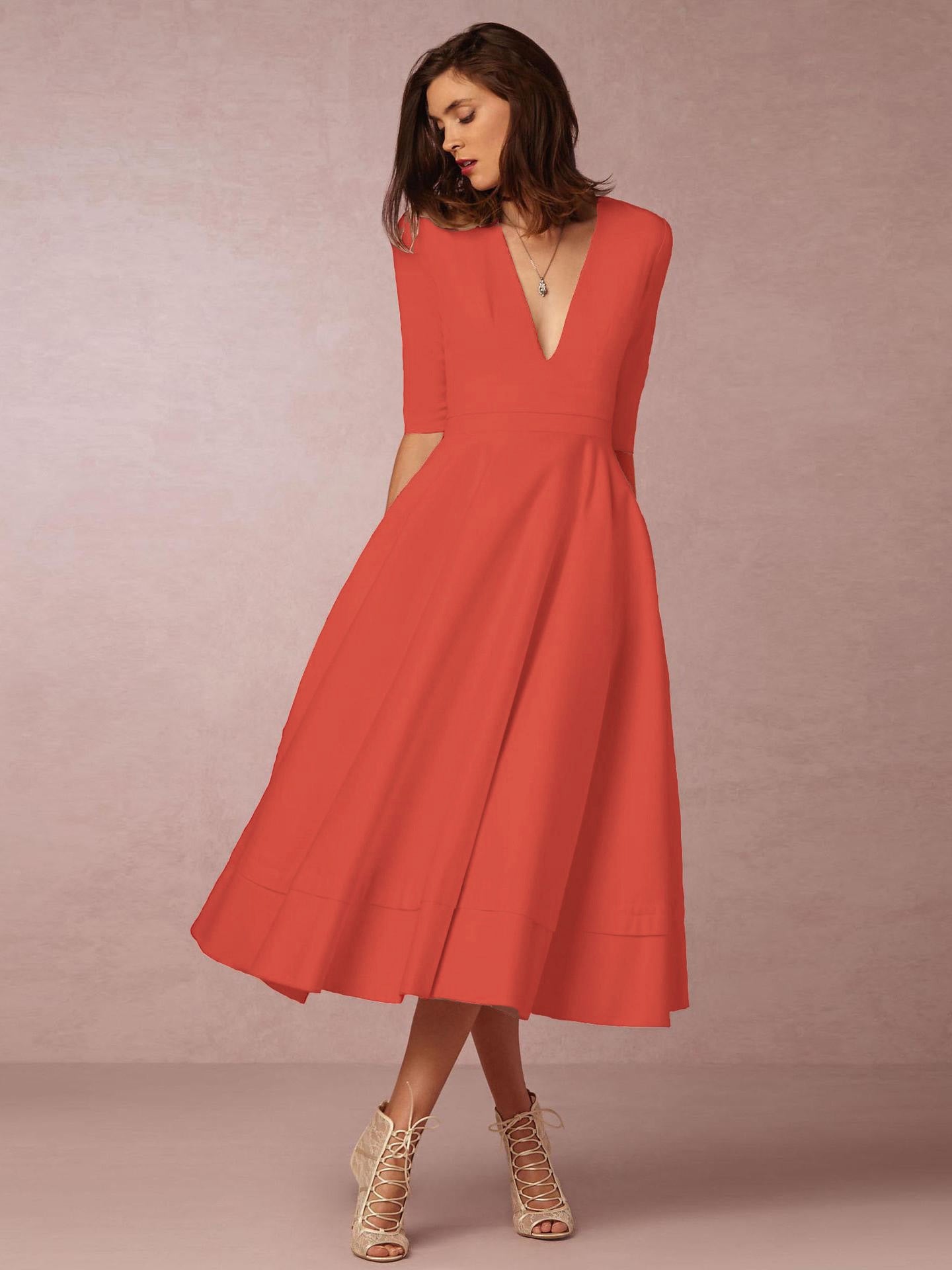 Women Elegant V-Neck Midi Dress Ivyshape