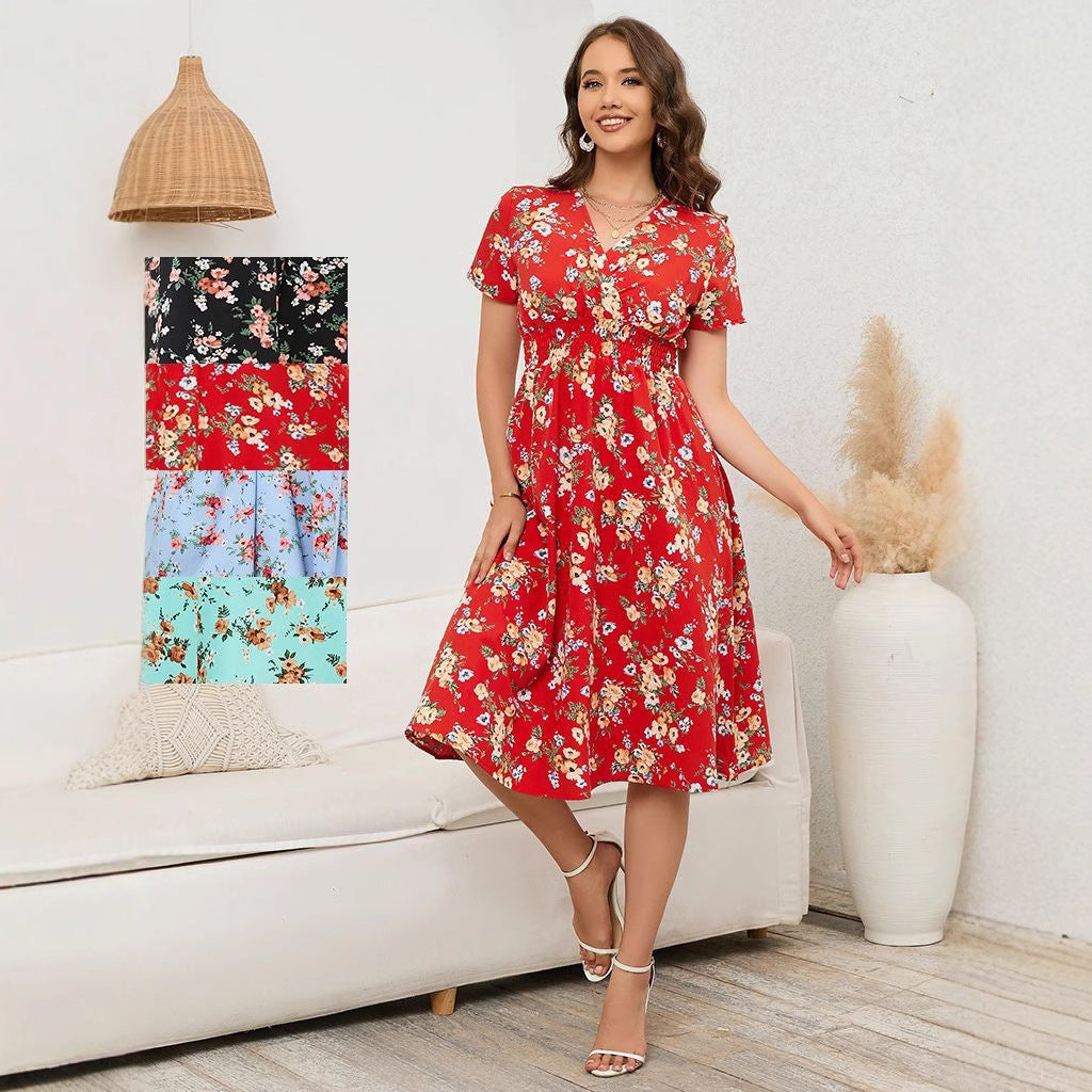 Ladies mid dress with wrap look and floral design Ivyshape