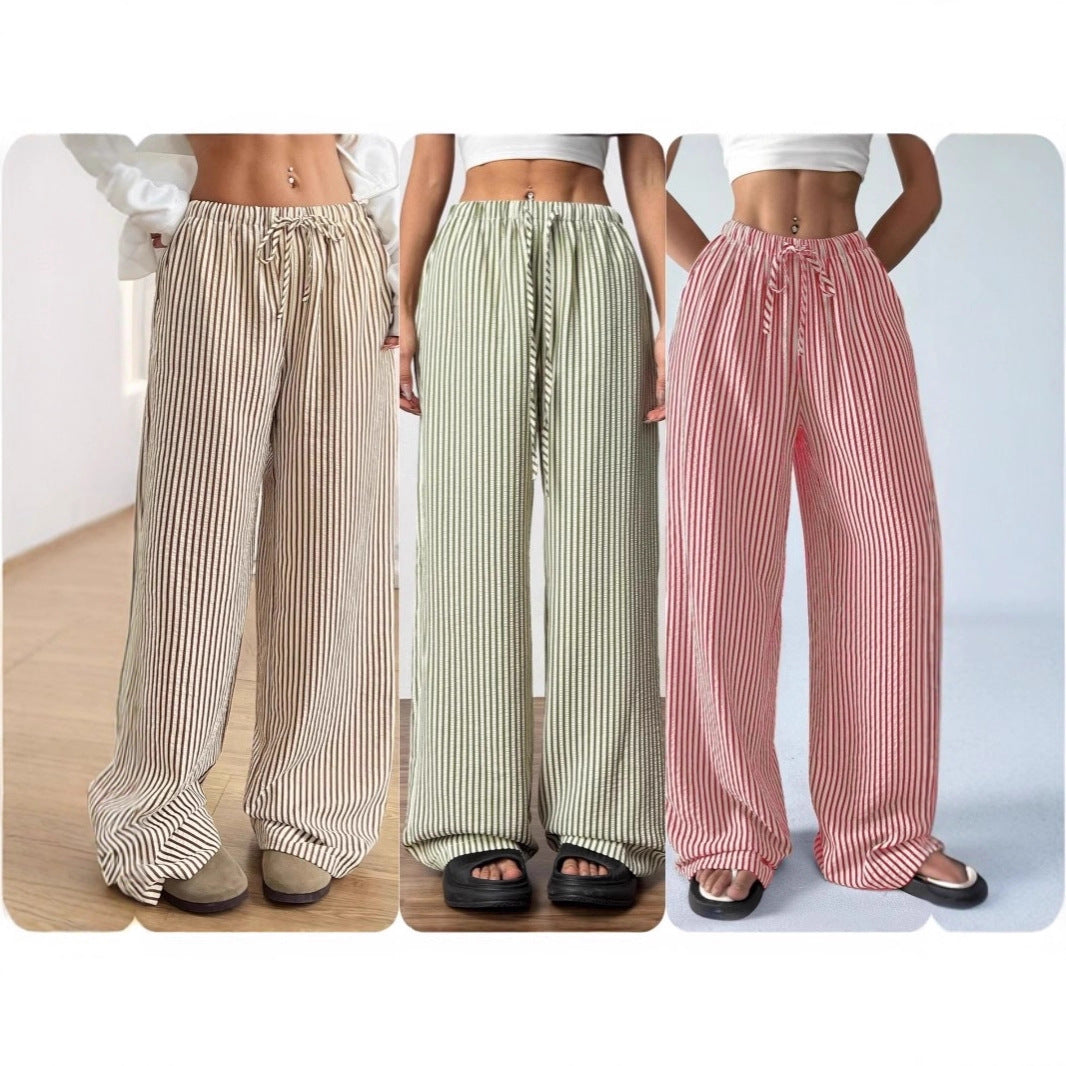 Women's Wide Cut Striped Trousers with Elastic Waistband and Tie Ivyshape