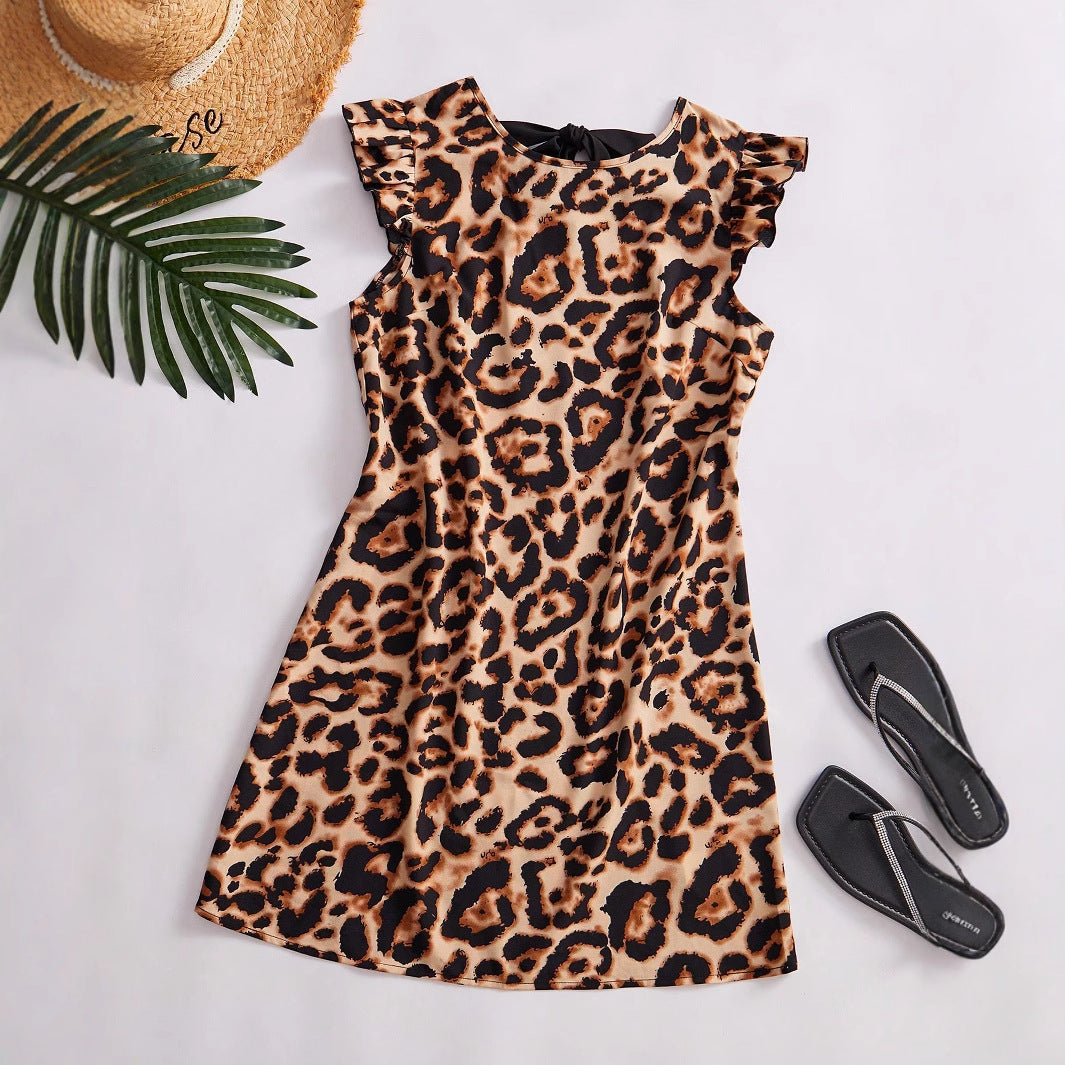 IvyShape | Leopard Print Neckline Tie Flying Sleeve Midi Dress