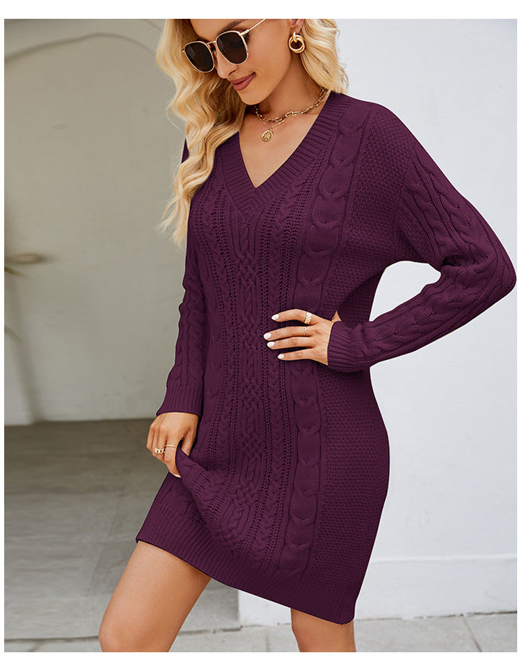 IvyShape | Solid Color V-Neck Twist Knitted Dress