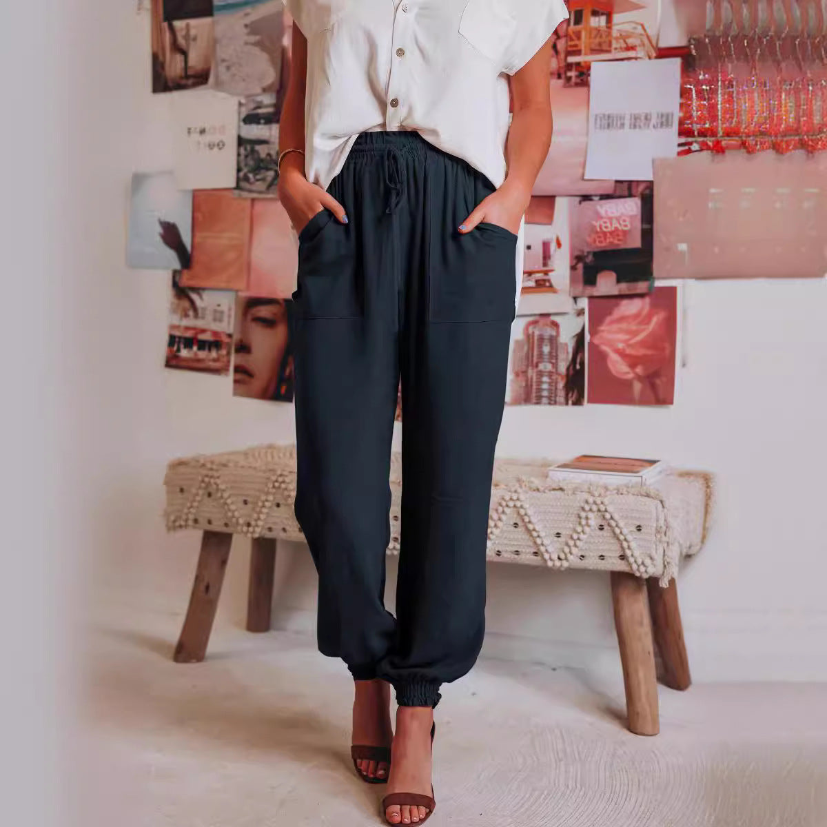 Women's Comfortable and Casual Pants with Elastic Waistband and Versatile Pockets Ivyshape