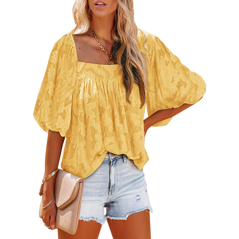 Women's Oversized Blouse Shirt with Balloon Sleeves and Subtle Pattern Ivyshape