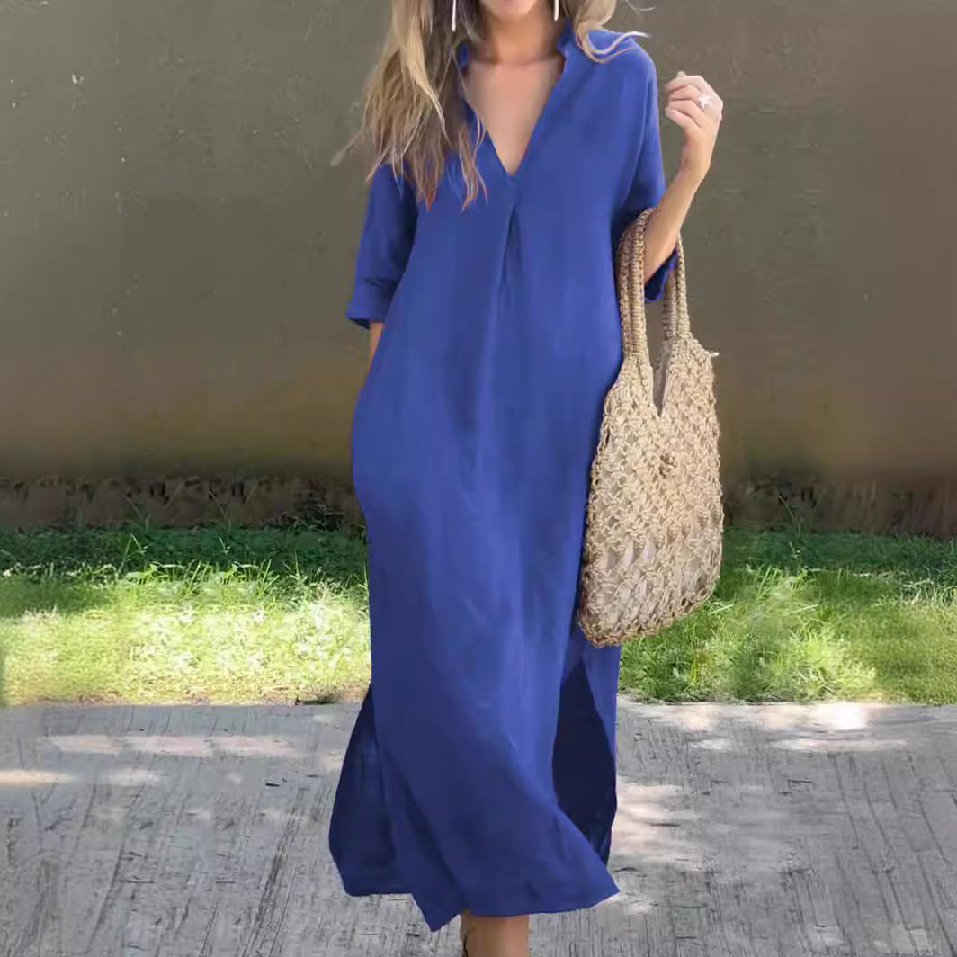 Women elegant maxi dress with V-neck and side slits Ivyshape