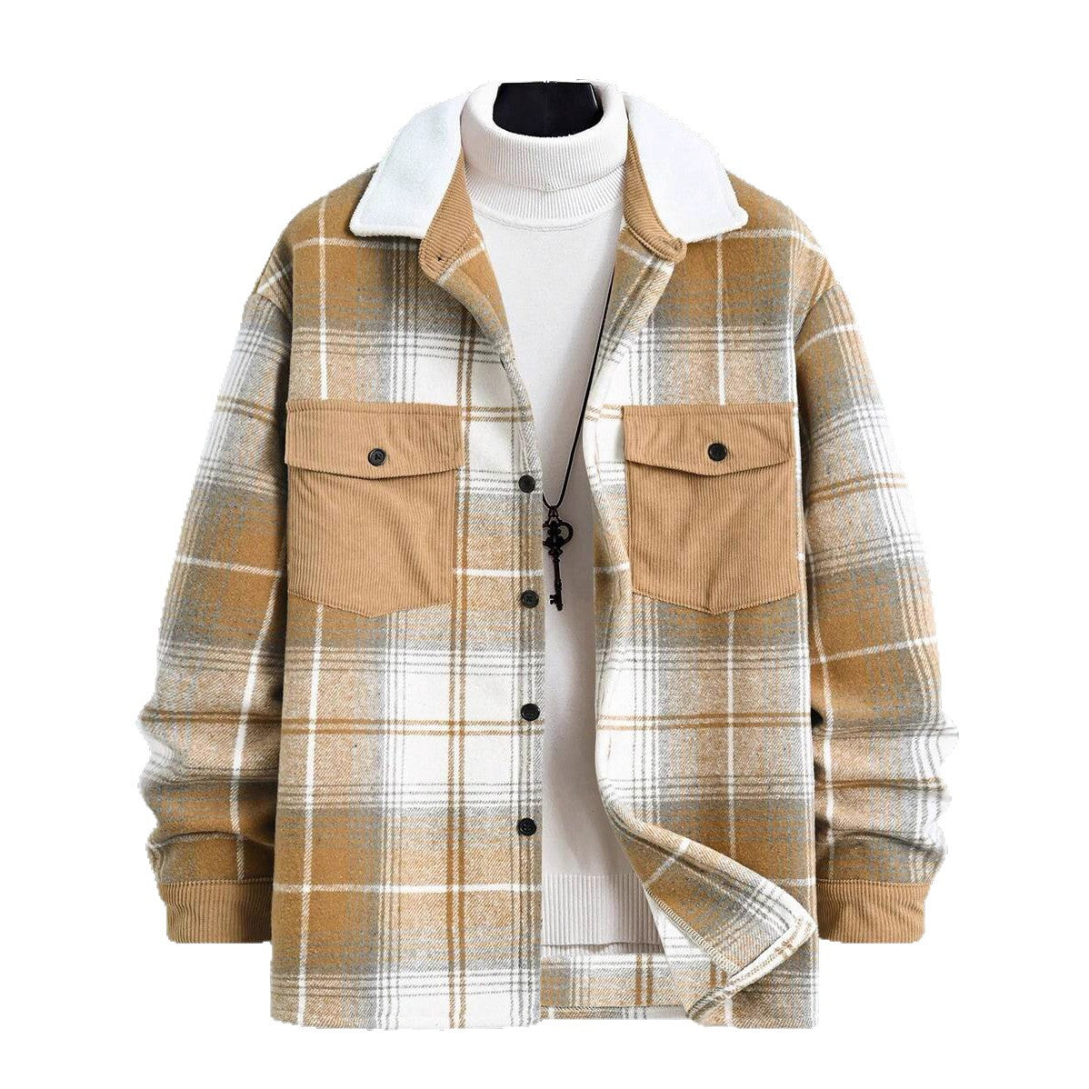 Men's check flannel jacket with two chest pockets and soft collar Ivyshape