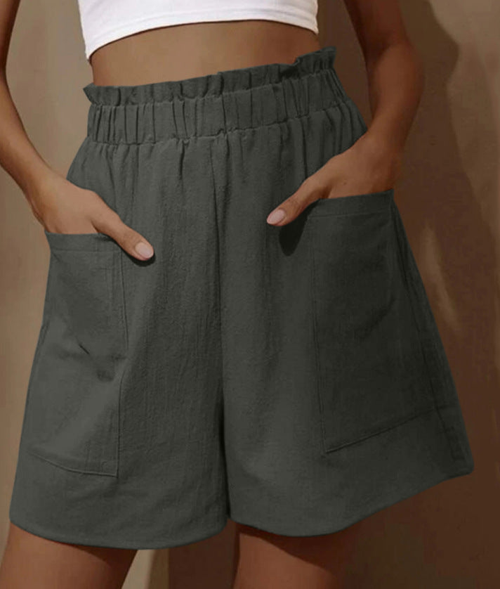 Women's casual linen shorts with elastic waist drawstring and practical side pockets Ivyshape