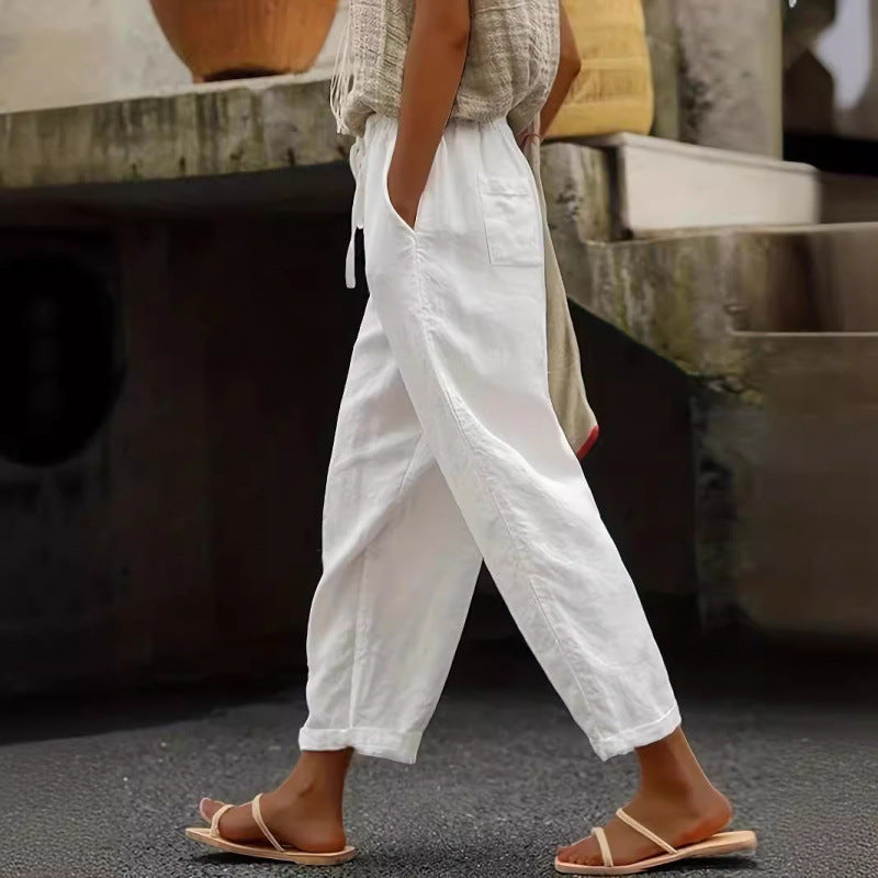 Women's casual linen pants with elastic waistband and side pockets Ivyshape