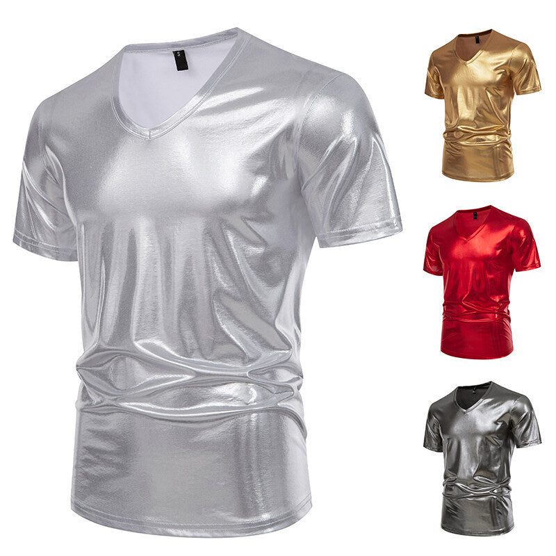 Men's V-neck T-shirt made of shiny material with personal style Ivyshape