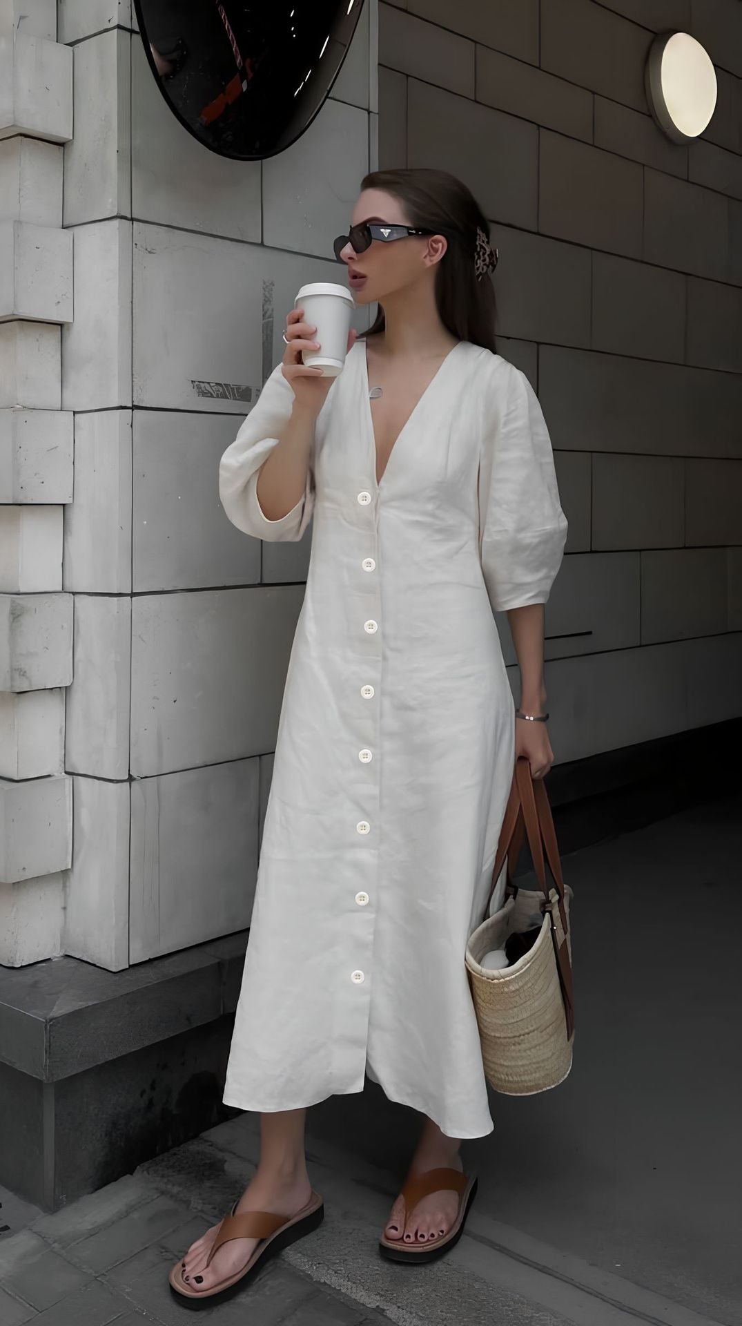 Women Loose Linen Button Dress Ivyshape