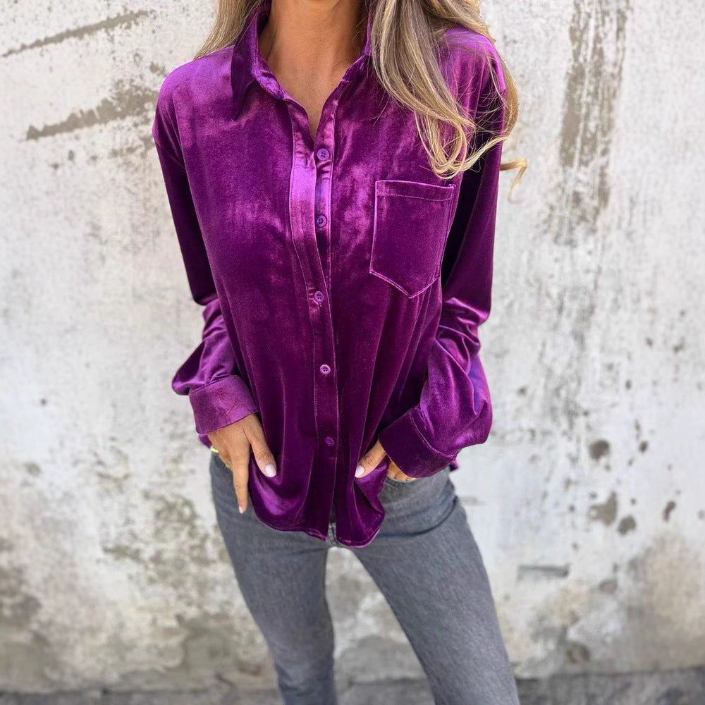 Women's Elegant Velvet Blouse with Classic Shirt Collar and Long Sleeves Ivyshape