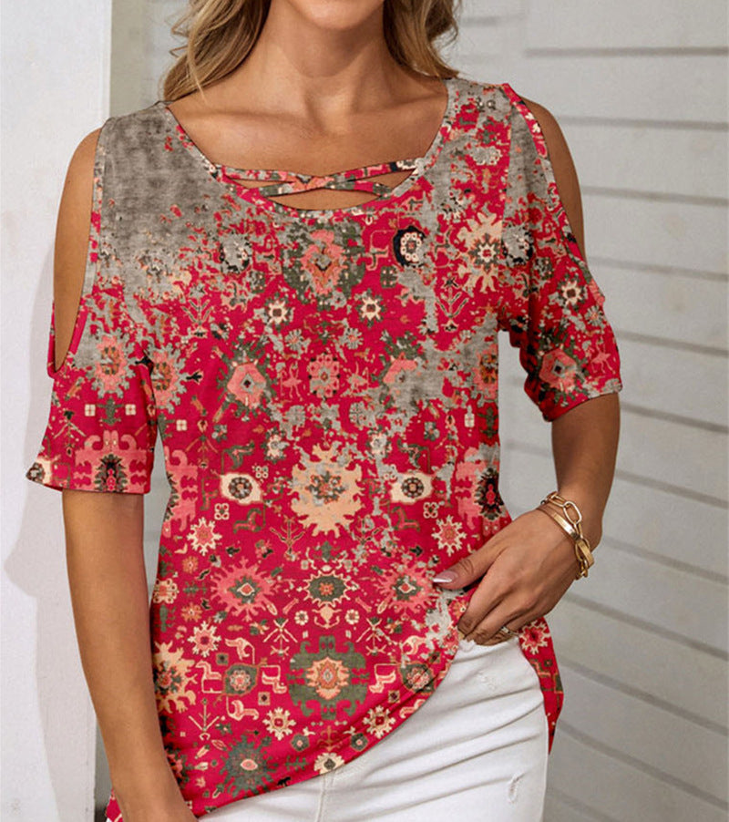 IvyShape | Ethnic Print Off-Shoulder Short-Sleeve T-Shirt