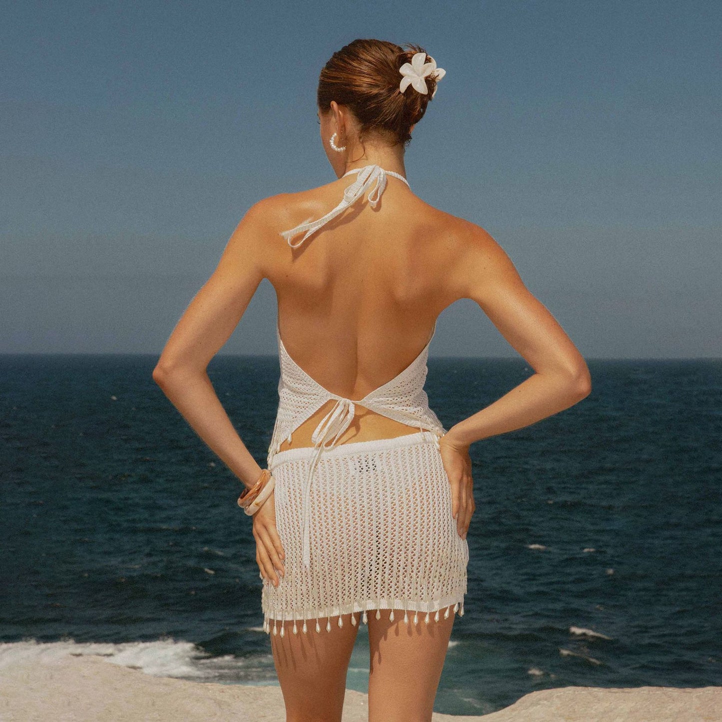 Ladies crochet dress with playful fringe detail and elegant fit Ivyshape