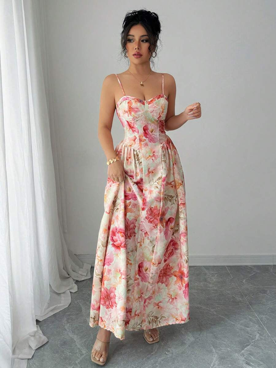 Women's Floral Maxi Dress with Flared Skirt and Thin Straps Ivyshape
