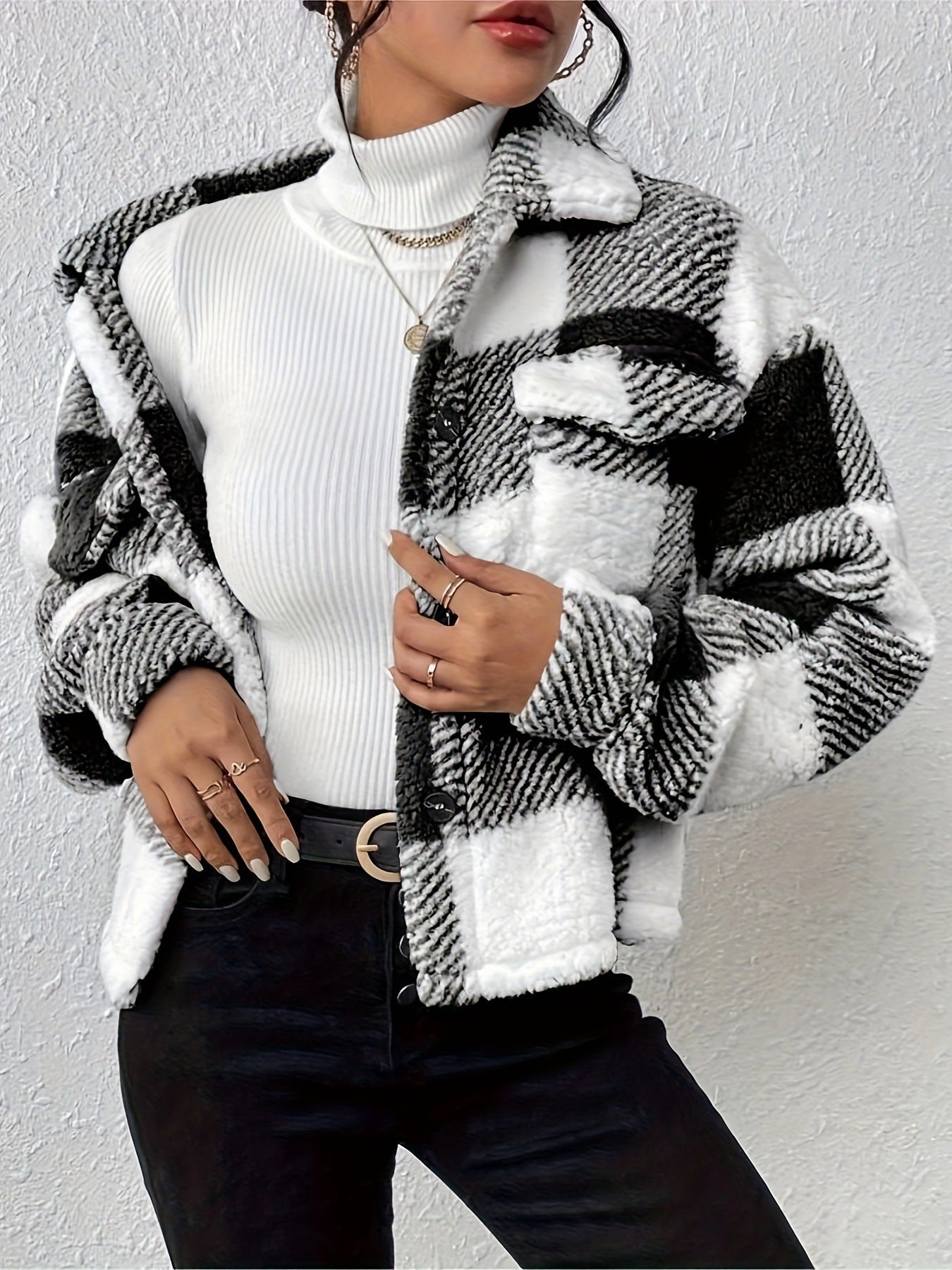 Women's Cosy Check Jacket with Fold-Down Collar Ivyshape