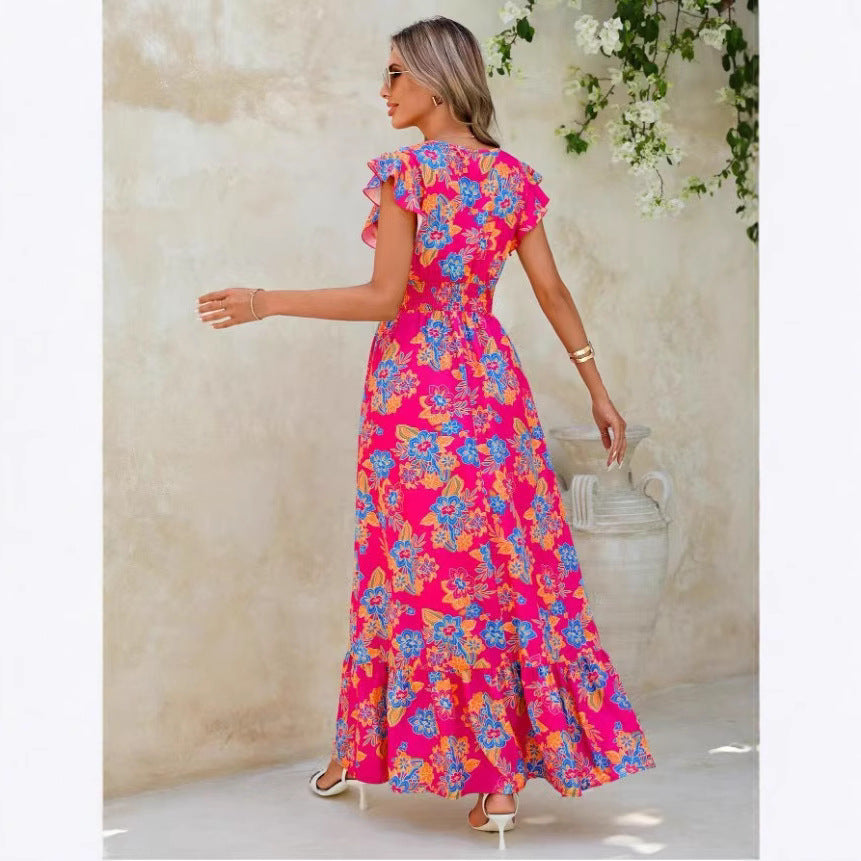 Ladies Summer Floral Maxi Dress with Ruffle Sleeves and Elastic Waistband Ivyshape
