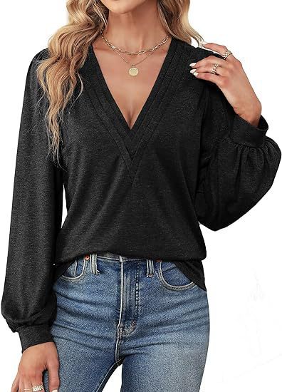 Women Elegant V-Neck Top with Puff Sleeves Ivyshape
