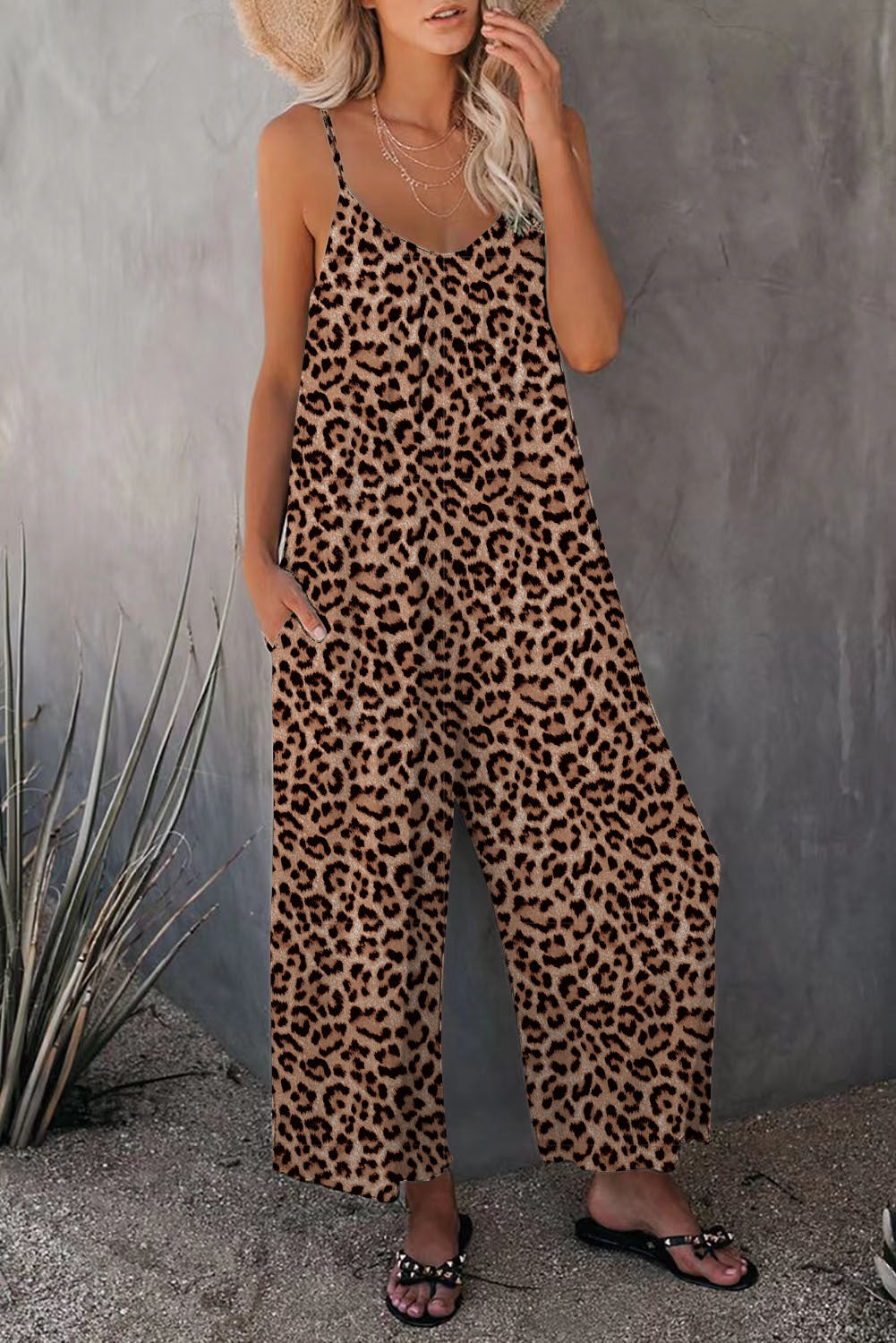 IvyShape | Leopard Print Pocket Loose Strap One-Piece Jumpsuit