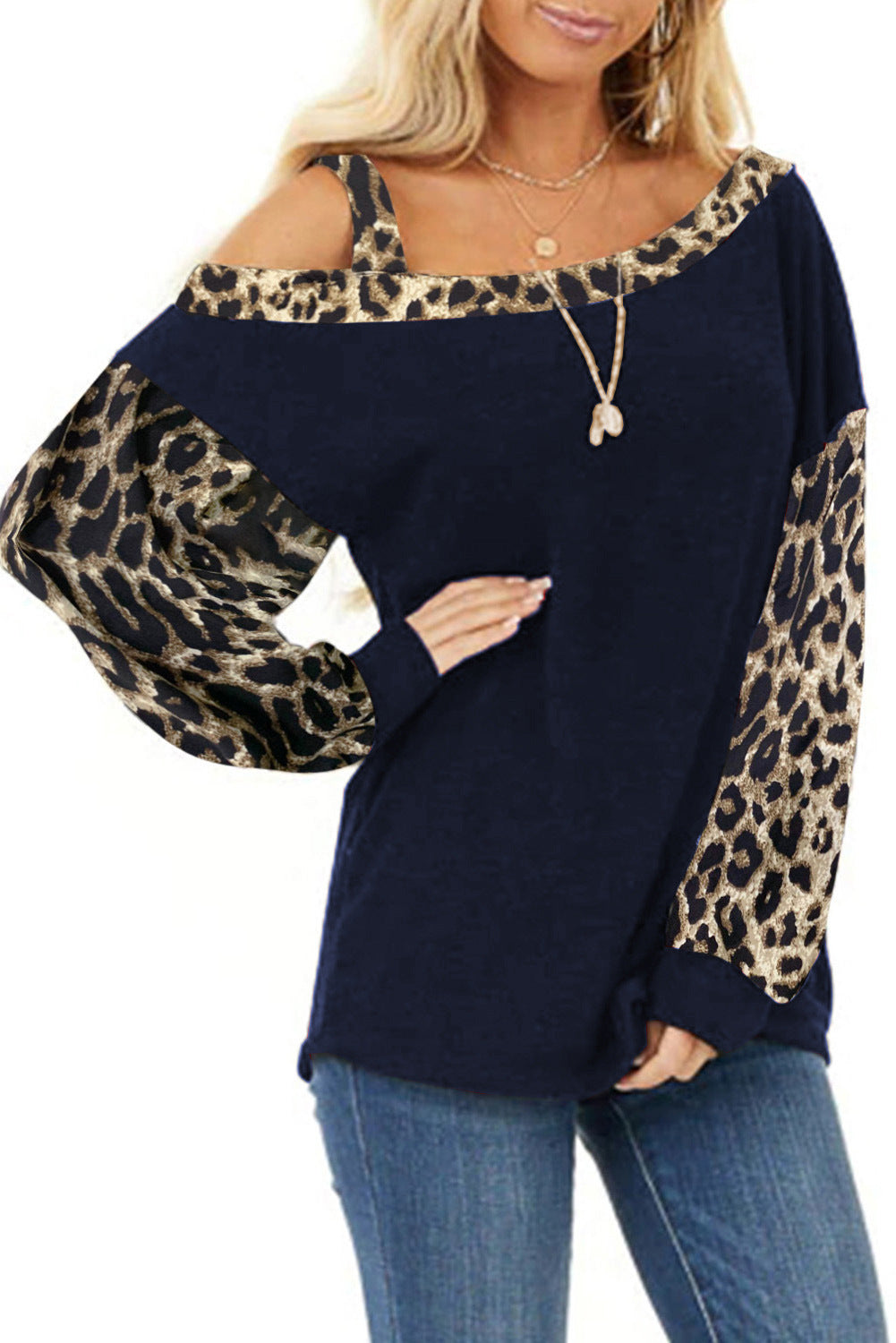 Women's casual top with off-shoulder design and trendy animal print sleeves Ivyshape