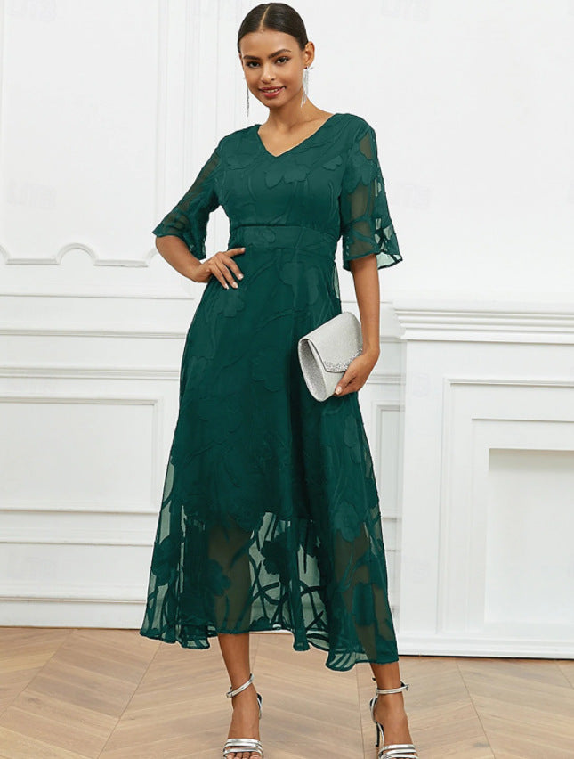 Ladies elegant midi dress with floral chiffon and V-neck Ivyshape