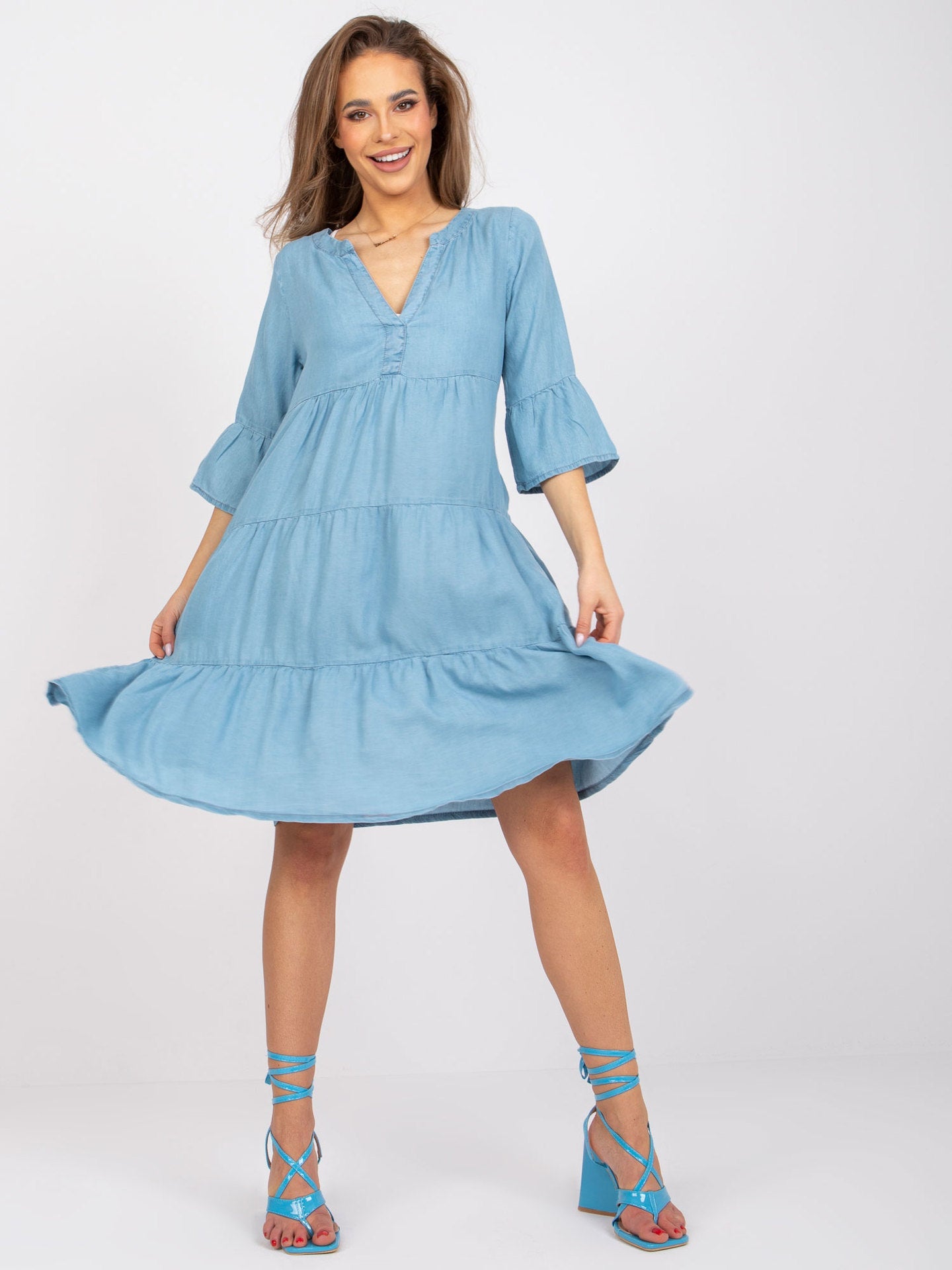 IvyShape | V-Neck Short Sleeve Ruched Loose Midi Dress