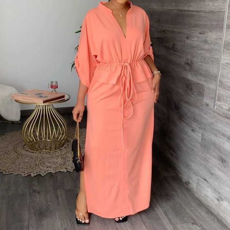 casual fashion stand-up collar split length dress solid color dress