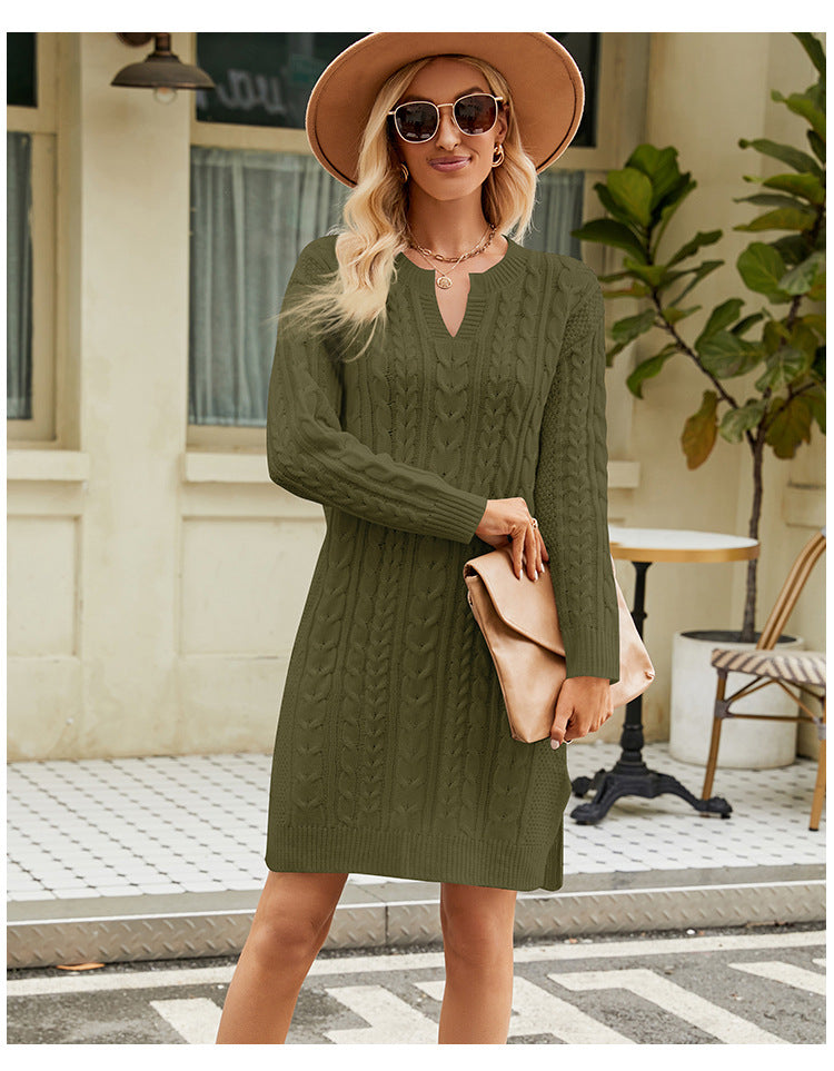 IvyShape | Cable Knit Solid Split Sweater Dress