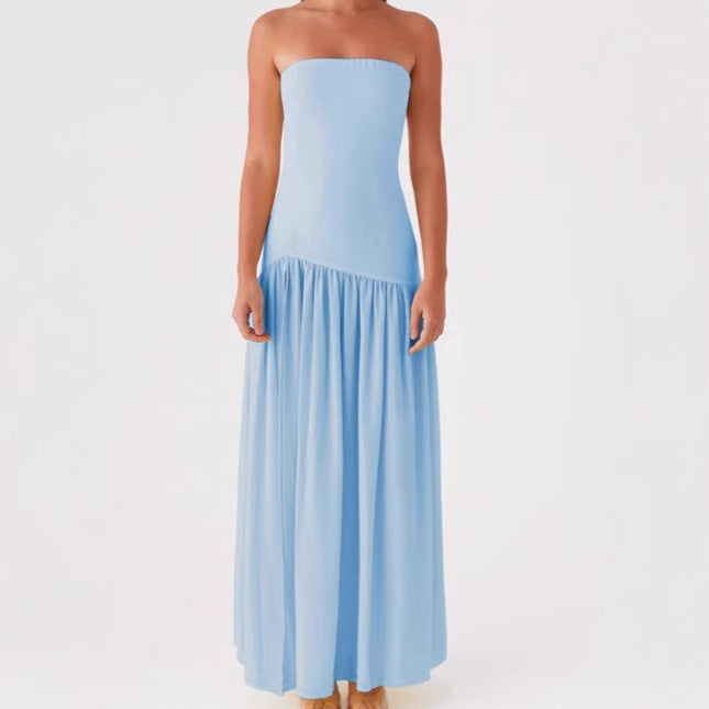 Women Elegant Strapless Maxi Dress with High Slit and Flowing Fabric Ivyshape