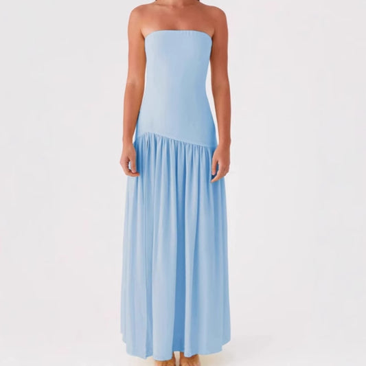 Women Elegant Strapless Maxi Dress with High Slit and Flowing Fabric Ivyshape