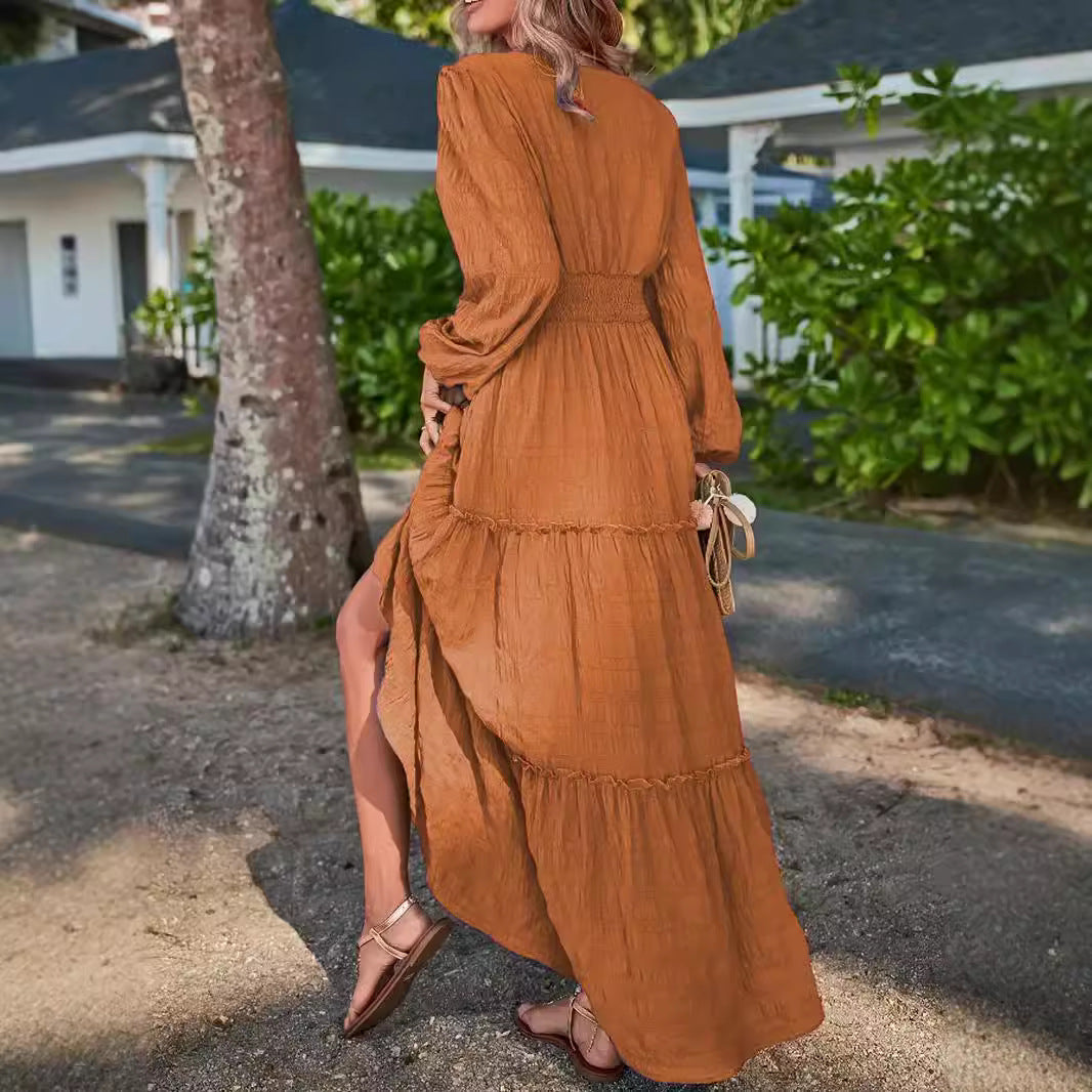 Women's maxi dress with swinging ruffle and smock-like waistband Ivyshape