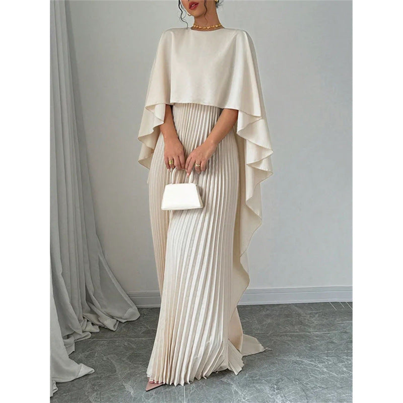 Elegant Women's Maxi Dress with Pleats and Cape Overlay Ivyshape
