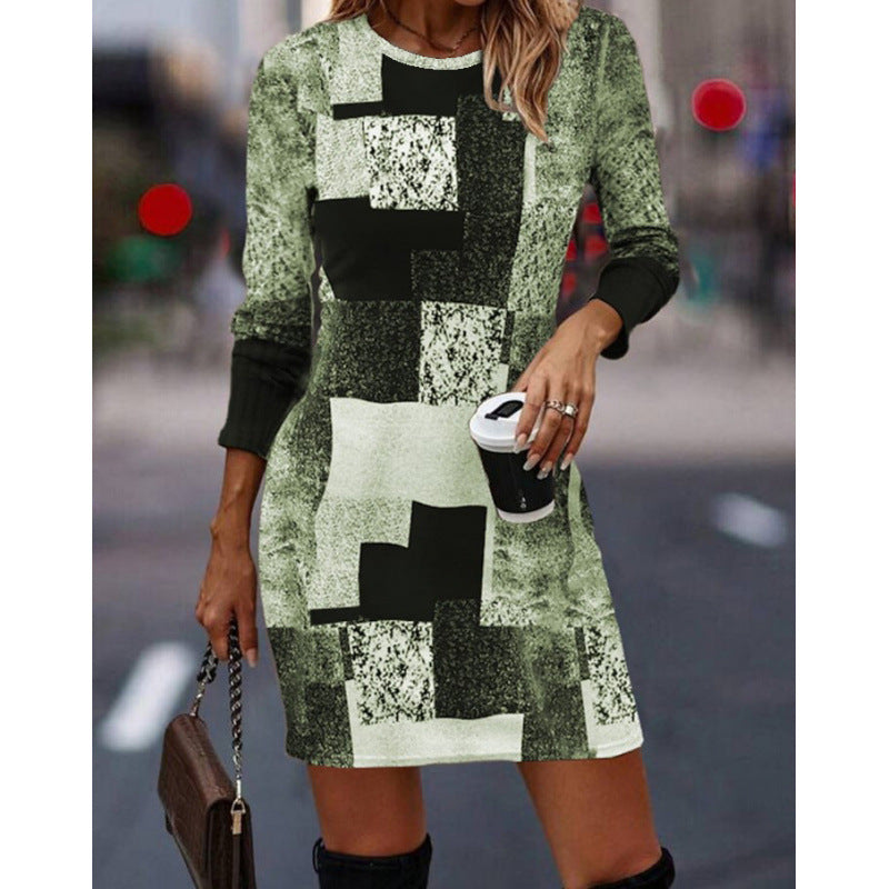 Women's knit dress with modern geometric pattern and long sleeves Ivyshape