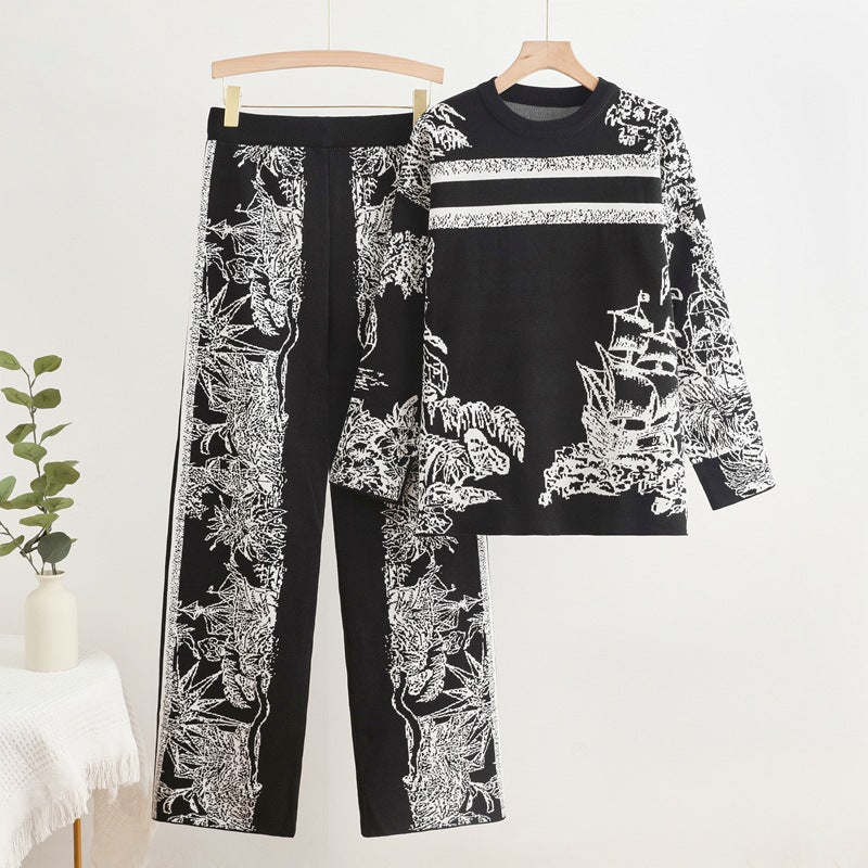 IvyShape | Ink Painting Wide-Leg Trousers Knit Set