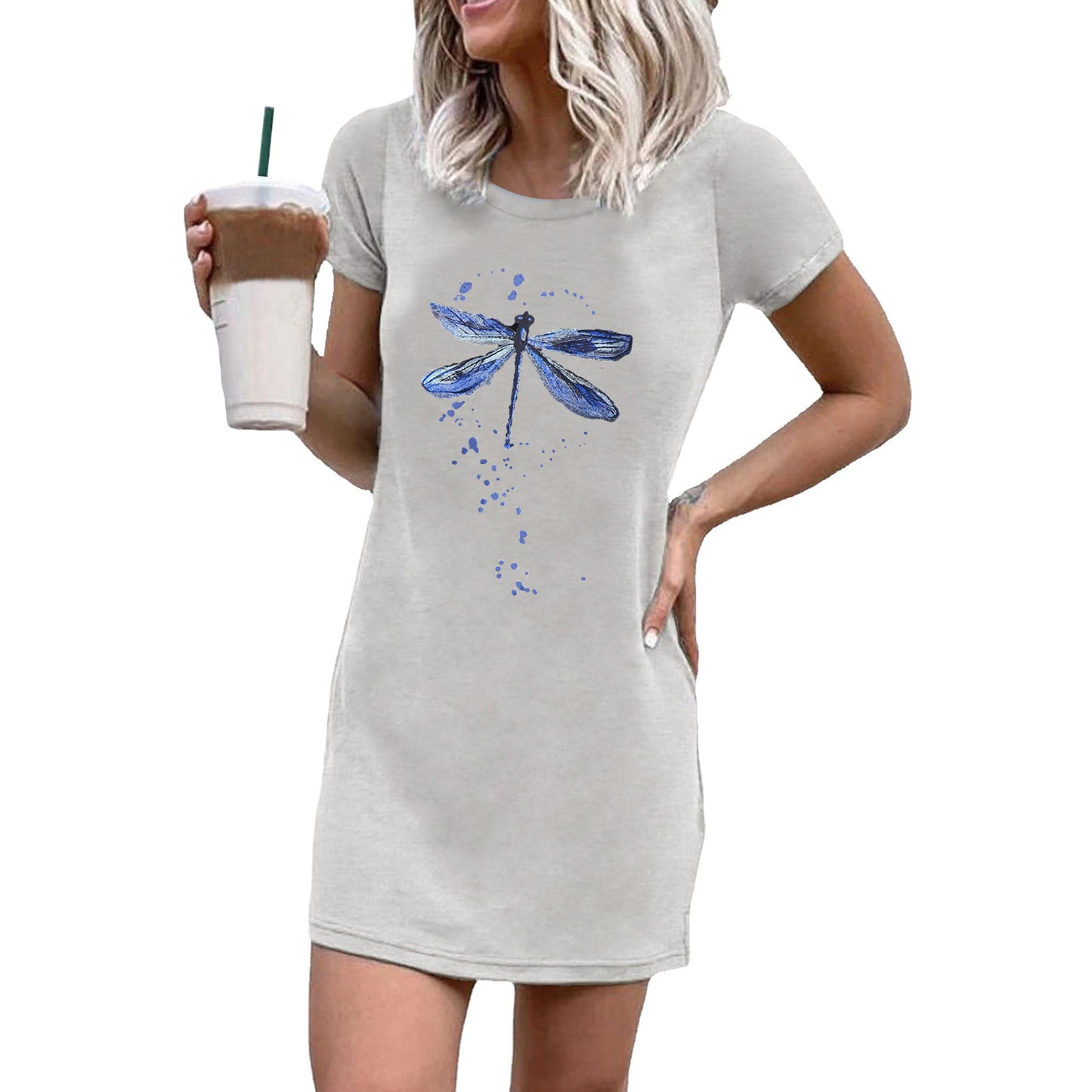 Women Short Sleeve Dress with Creative Dragonfly Motif and Loose Fit Ivyshape