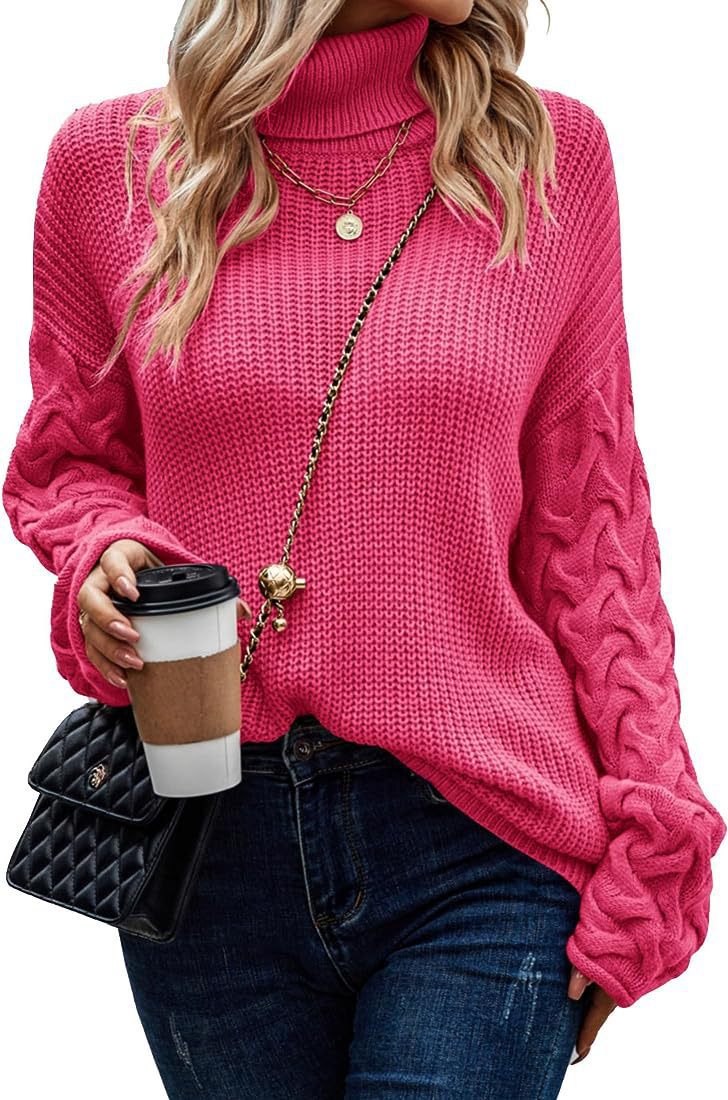 IvyShape | Fashionable Turtleneck Loose Cable Knit Long Sleeve Sweater