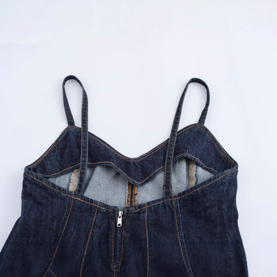 IvyShape | Versatile Wave Style Wide Hem Cami Denim Top