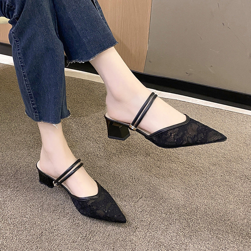 Women's sling pumps with delicate lace and elegant block heel Ivyshape