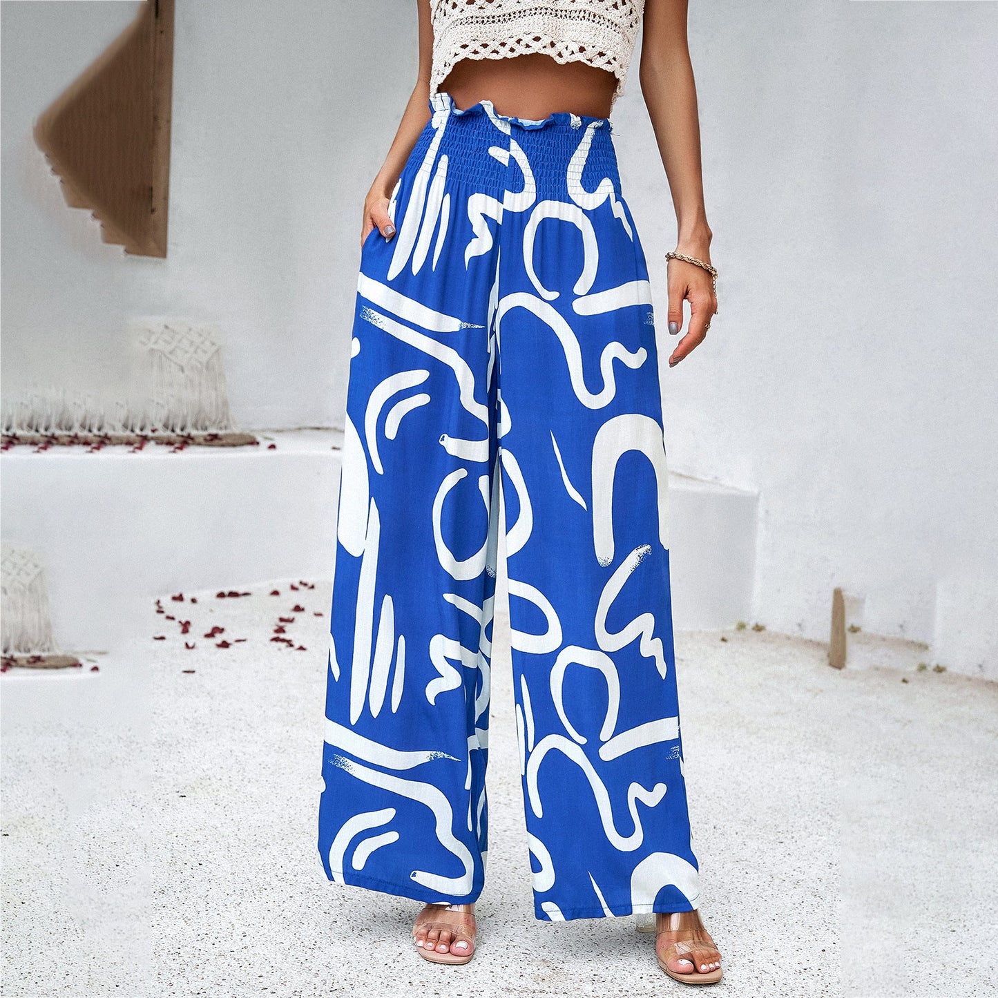 IvyShape | Elegant Cotton Printed Loose Wide-Leg Pants