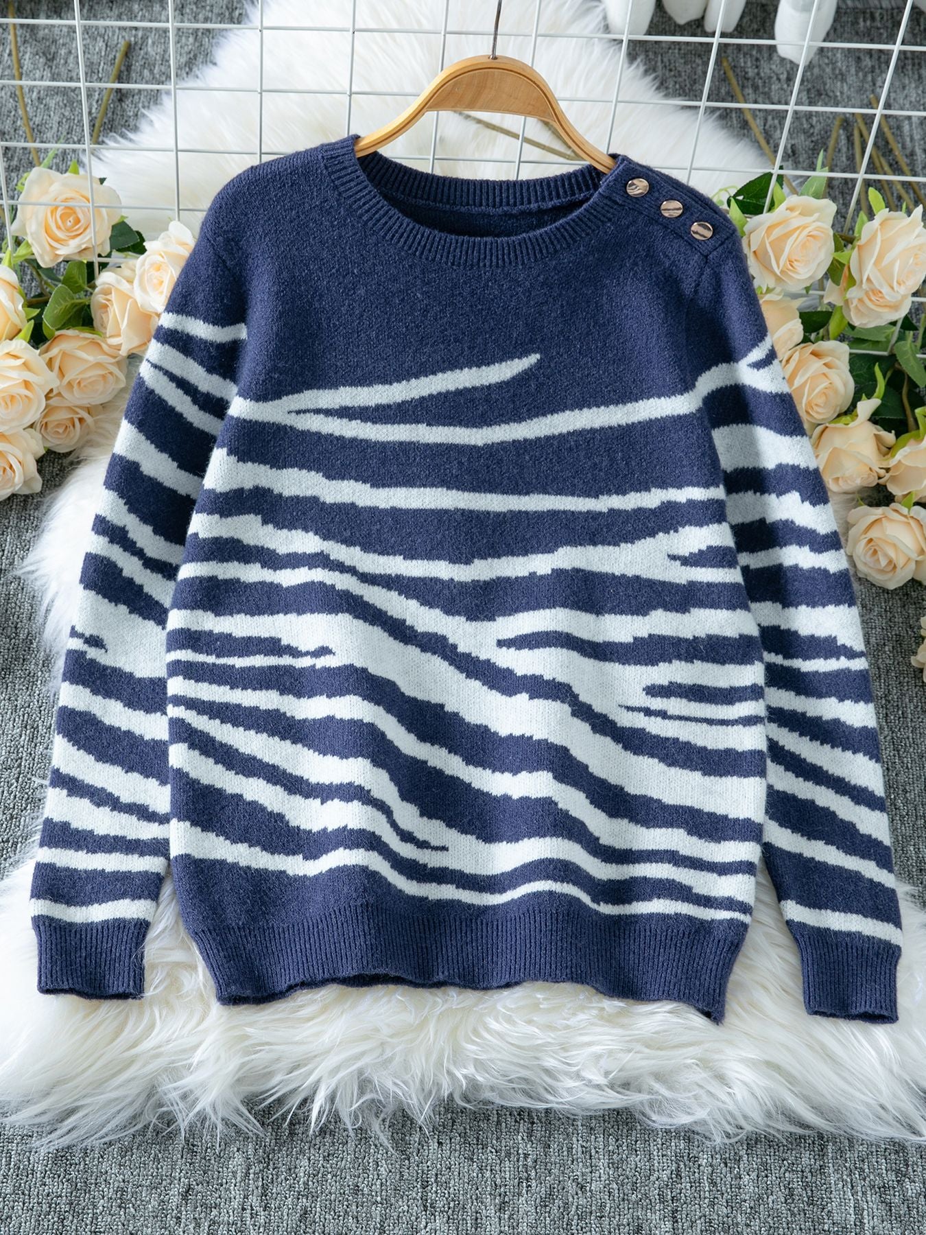 Women’s cozy knitted sweater with modern zebra stripe pattern and comfortable fit Ivyshape
